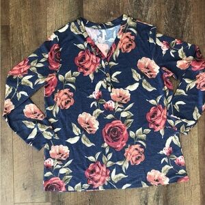 BISHUIGE Women’s Long Sleeve Henley V-Neck Tunic Tops XL – Blue Floral